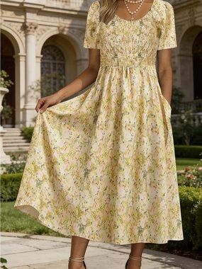 Smocked Floral Midi Dress in Yellow